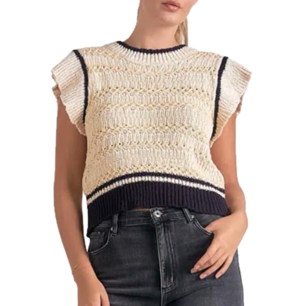 Women's Boho Boutique Elan Cream Navy Cap Sleeve Crop Knit Sweater Top